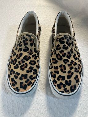 VANS W8.5 Classic Asher Deluxe Slip on Leopard Print Canvas Tan/Black Skater